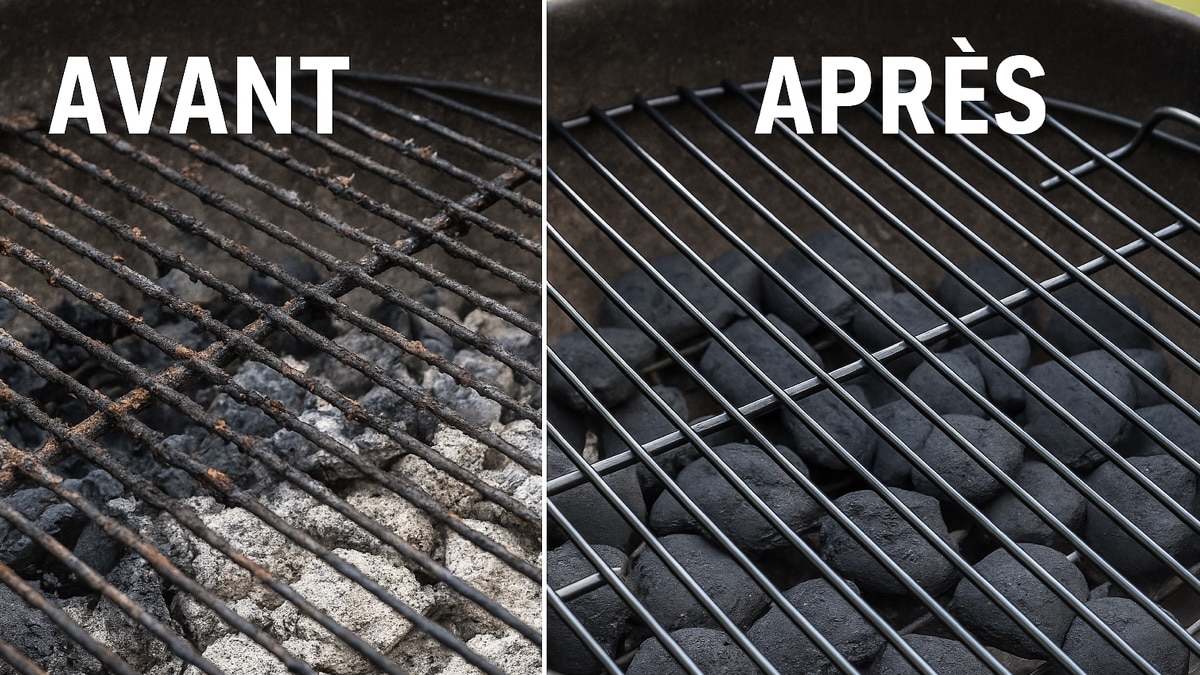 Grille de barbecue à charbon montrée avant et après nettoyage : à gauche, sale et encrassée ; à droite, propre et brillante