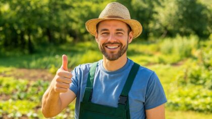 Un jardinier souriant fait un pouce levé pour faire pousser ses légumes sans jardin symbole de satisfaction et de réussite