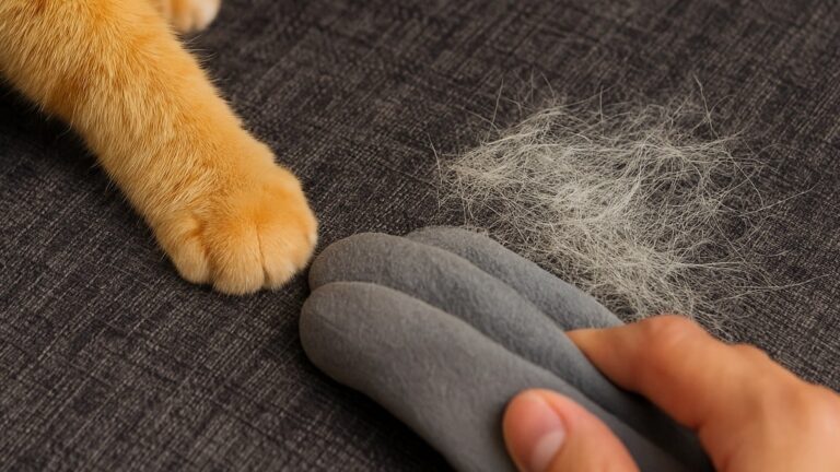 Chat roux allongé sur un canapé en tissu clair, avec des poils visibles sur le tissu