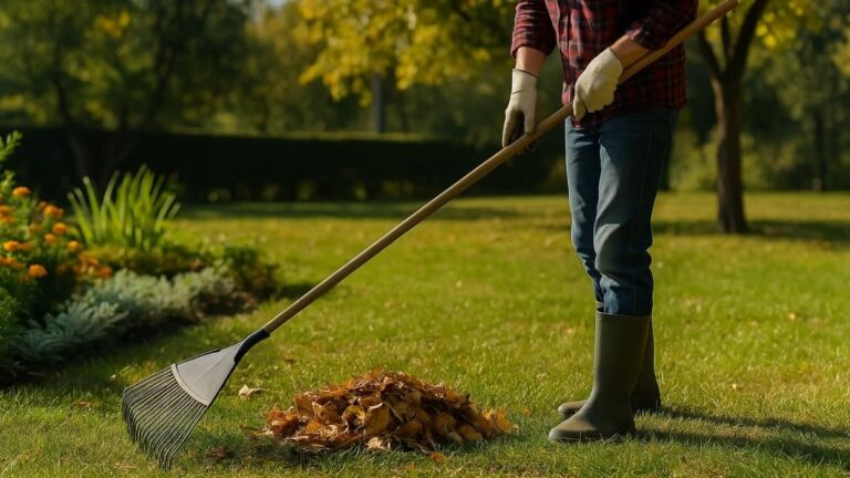 Jardinier ramassant des feuilles mortes dans un jardin en automne avec un râteau, près de massifs fleuris