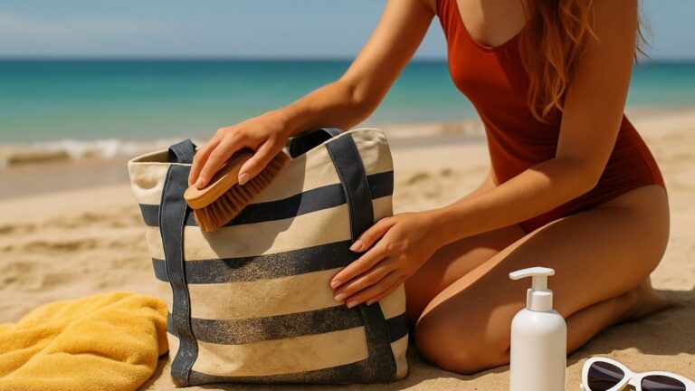 Femme nettoyant un sac de plage rayé avec une brosse sur le sable, entourée d’accessoires comme une serviette, des lunettes de soleil et une crème solaire.