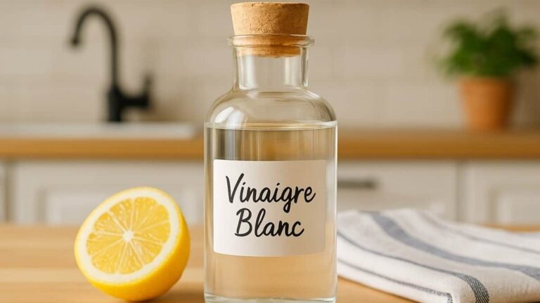 Bouteille de vinaigre blanc posée sur un plan de travail de cuisine avec des produits d’entretien naturels