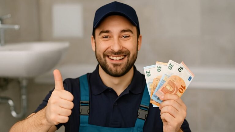 Plombier souriant faisant un pouce levé, tenant des billets en euros, réduire consommation eau salle de bain
