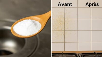 Cuillère de bicarbonate de soude utilisée pour nettoyer une surface avant et après nettoyage.